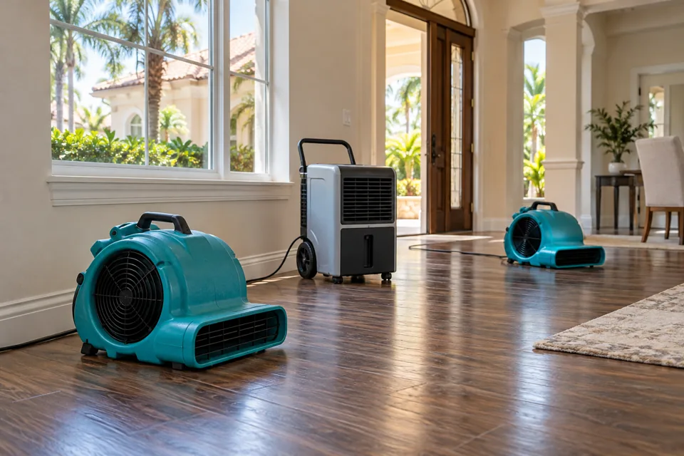 Professional air movers and dehumidifier in an empty room