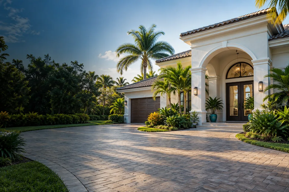 Water Damage Restoration in Orlando website cover with Florida stucco home with a broad entry, subtropical planting and a palm in the background