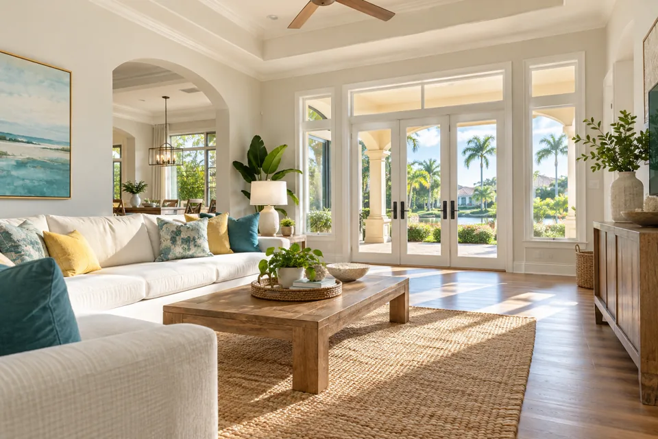 Bright unoccupied living room with pale walls and natural materials