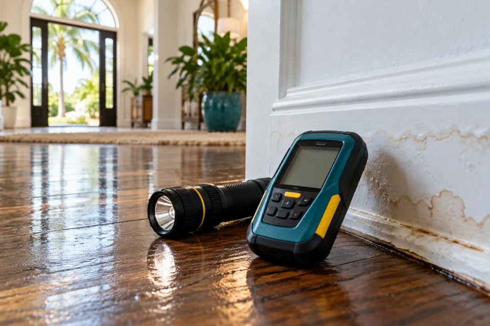 Moisture inspection meter and flashlight beside a baseboard