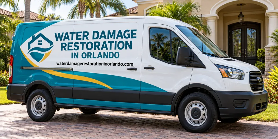 Water Damage Restoration in Orlando branded van beside a home