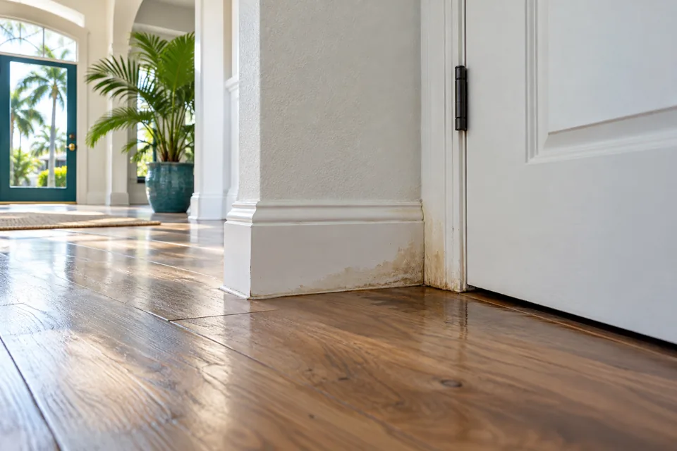 Localized moisture staining at a floor and baseboard